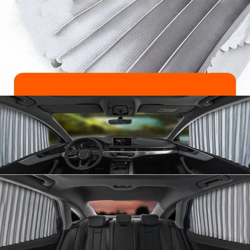 Retractable car sunshade curtain with roller shutter mechanism in thick opaque cloth material