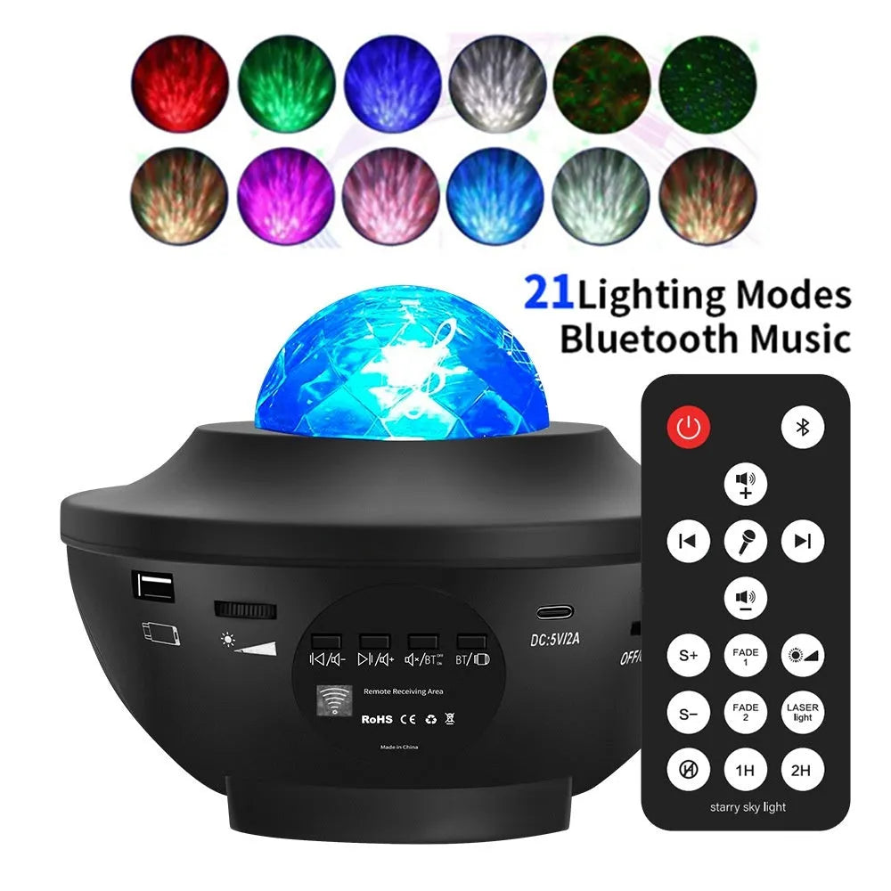 Black parallel style starry sky projection lamp with water ripple laser effects and remote control