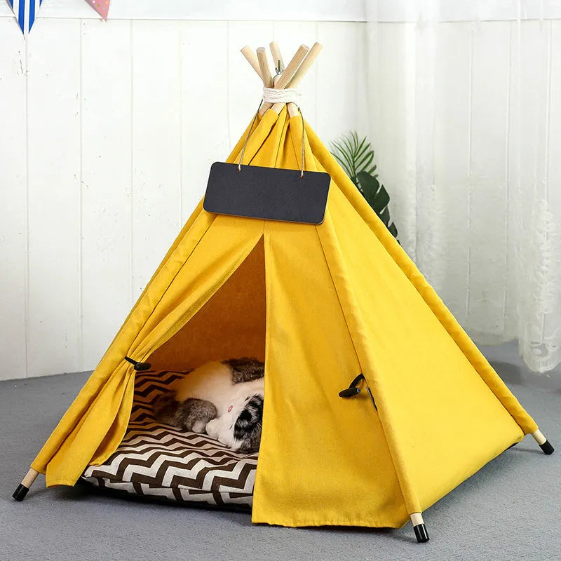 Small striped pet teepee tent with cushion inside for a dog or cat.