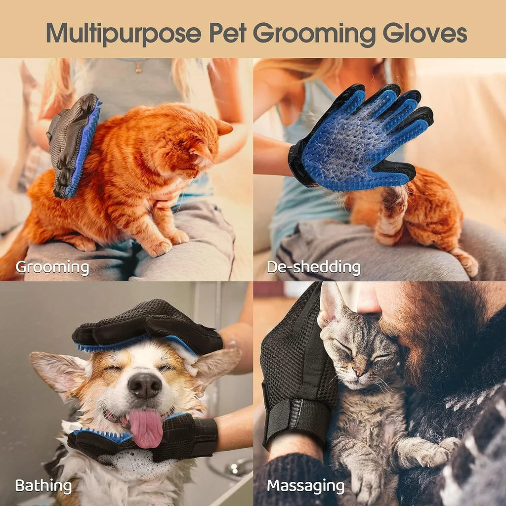 Blue pet grooming gloves with silicone tips for dog washing and cat hair removal