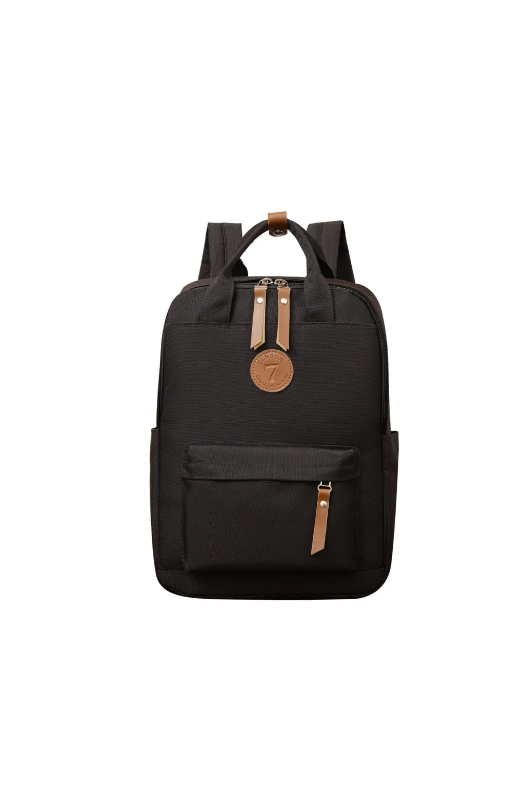 Black retro-style Oxford cloth backpack with curved shoulder straps.