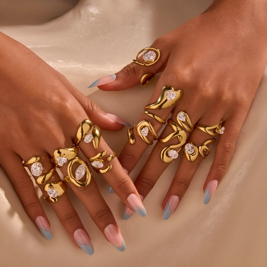 Adjustable stainless steel geometric zircon ring for women in various electroplated colours.