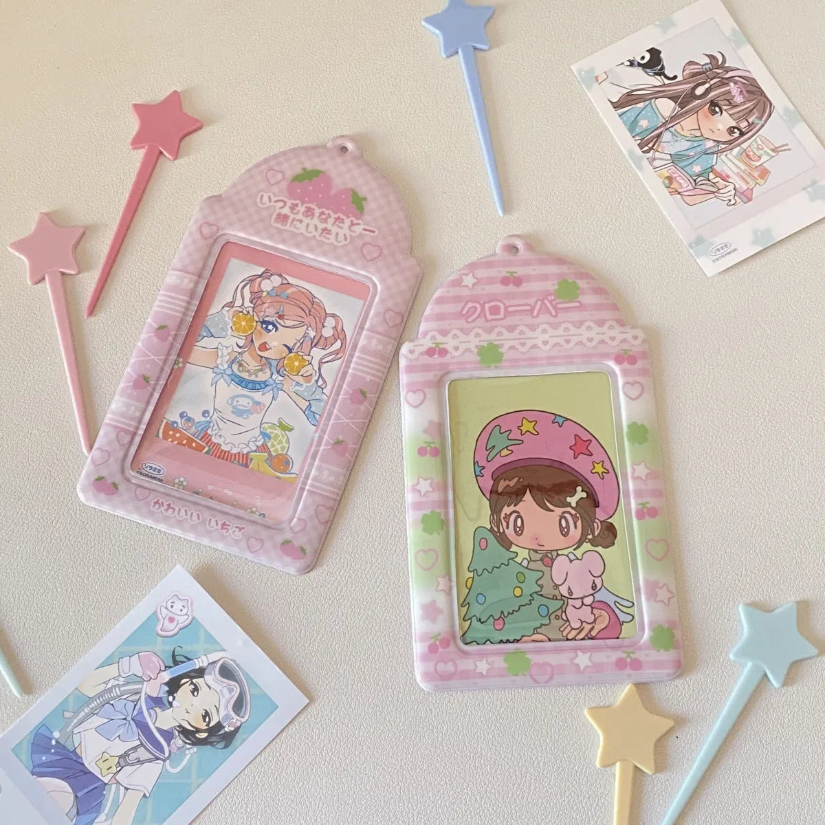 Cartoon plaid PVC card holder pendant in strawberry and four-leaf clover styles for 3-inch cards.
