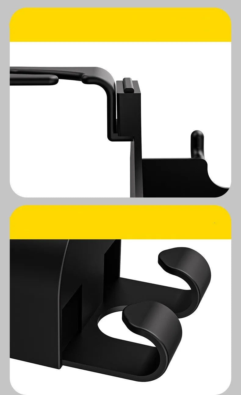 Black plastic car seat back organiser with a cup holder and hook attachments.