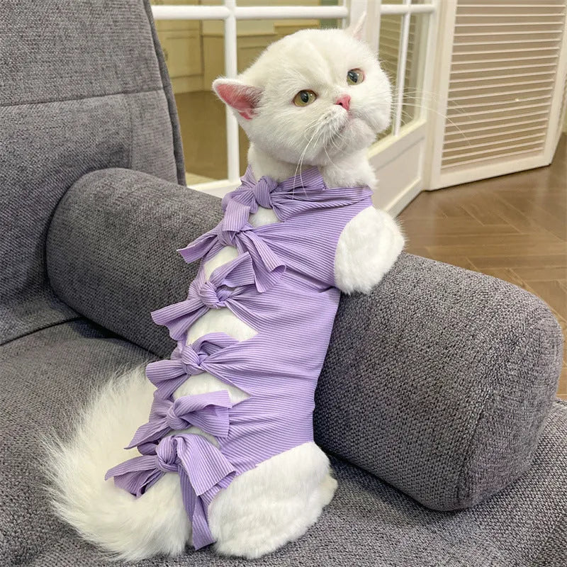 Lace-up cat sterilisation clothing in polyester fabric showing adjustable fastening and available colour options