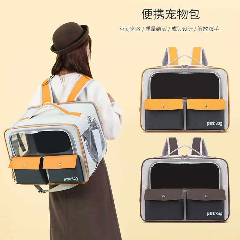 Portable nylon outdoor cat backpack in brown colour with foldable design laid flat