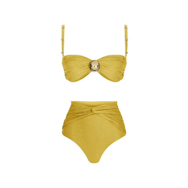 Women's high waist bikini swimsuit in yellow split style and green one-piece, made from nylon fabric.