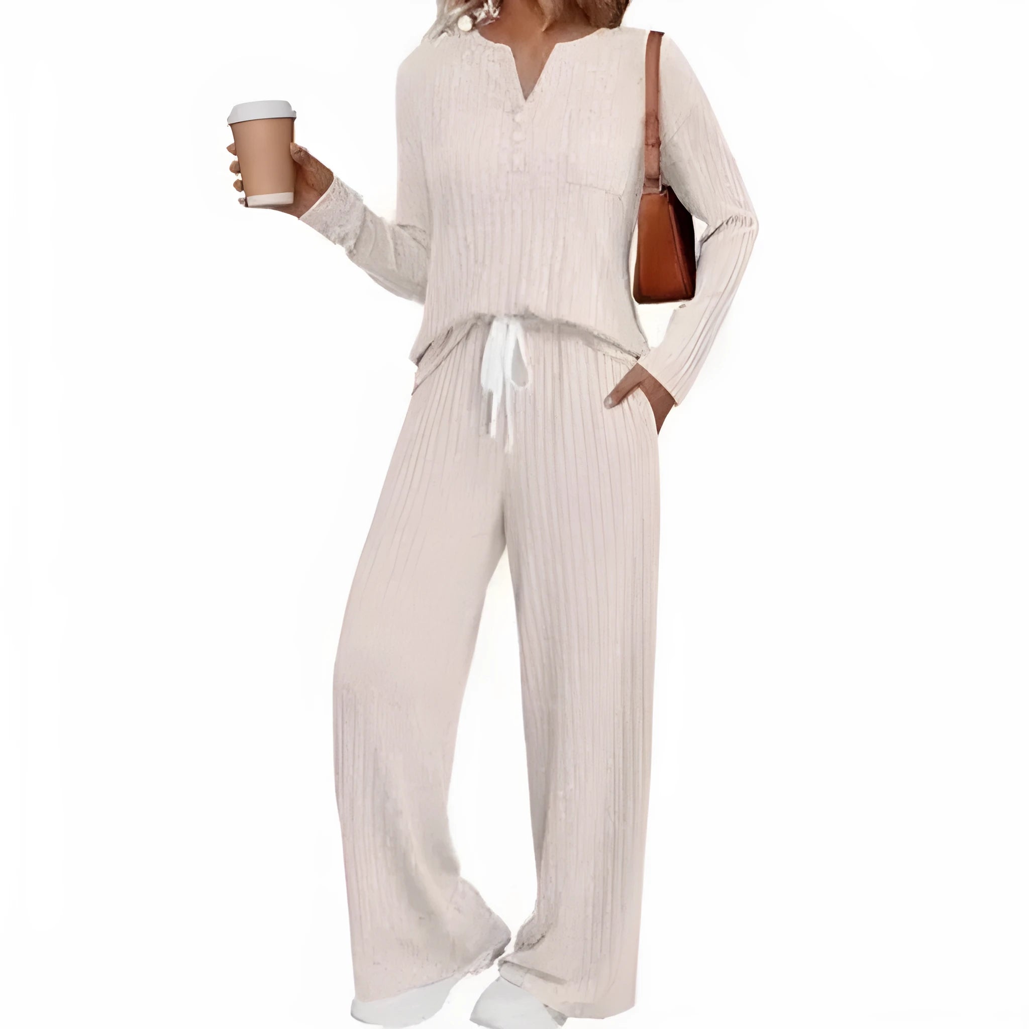 Knitted V-neck striped long coat with long sleeves, pockets, and a lace-up detail on a hanger.