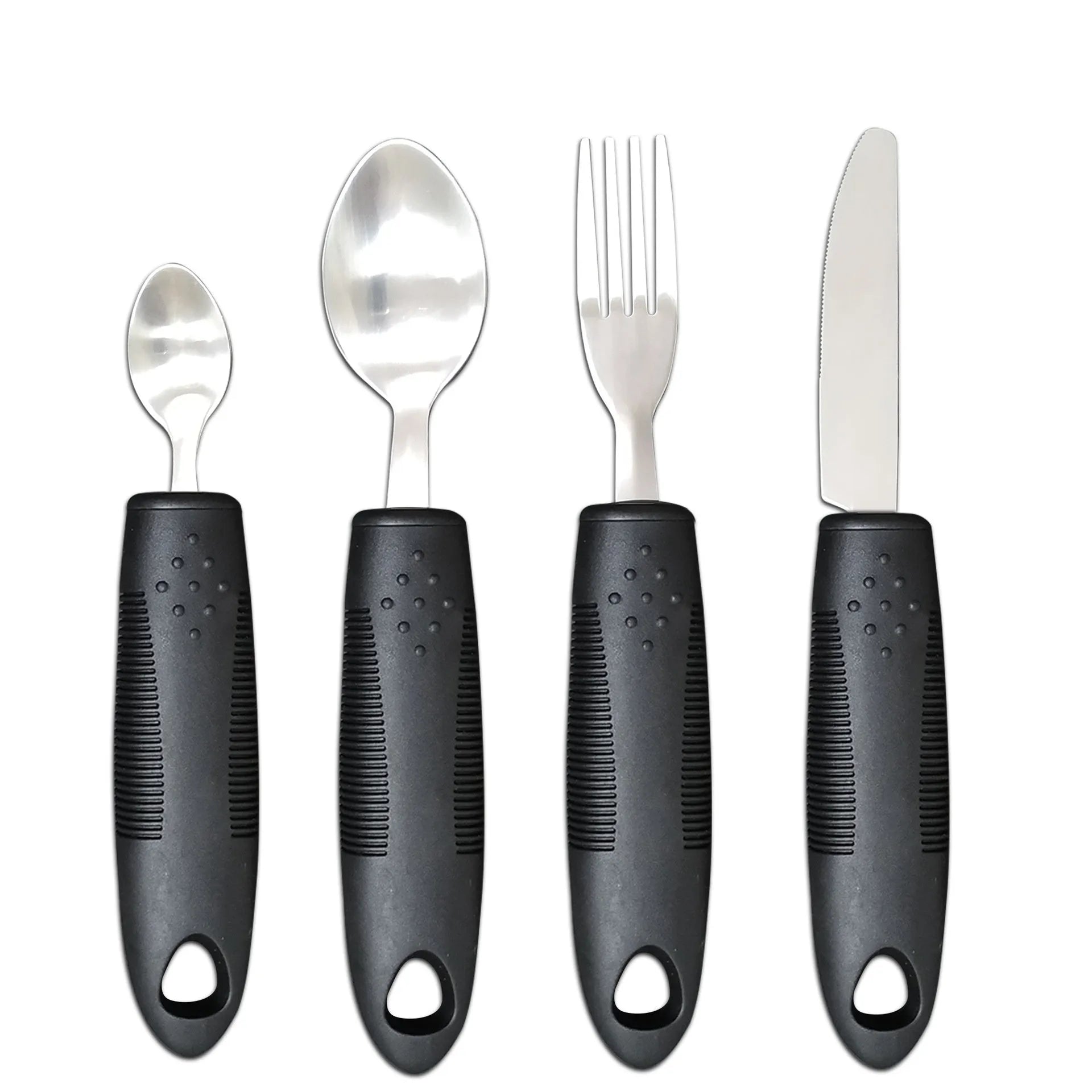 Stainless steel adaptive cutlery set with rubber handles for elderly and rehabilitation eating assistance