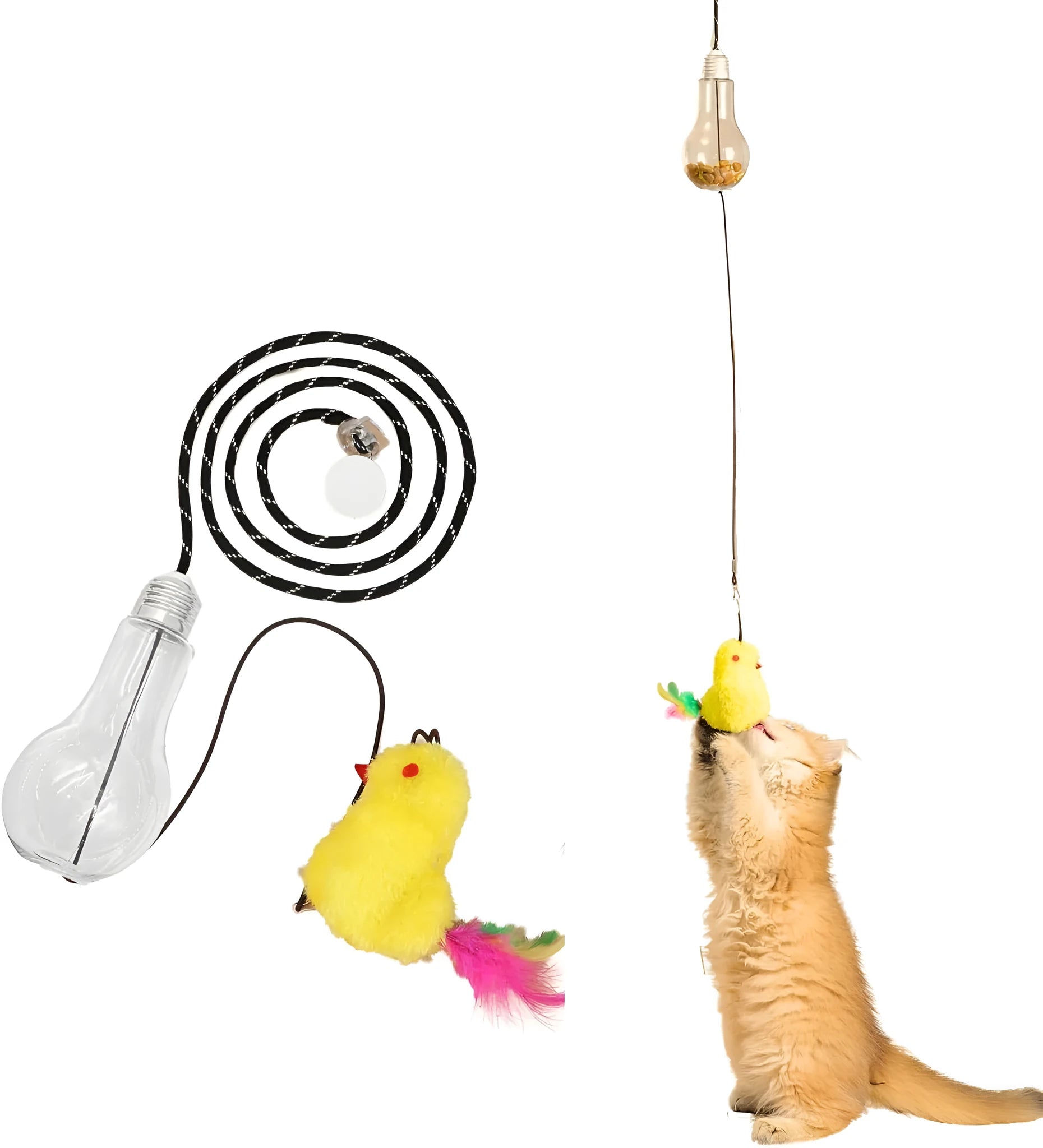 Interactive cat toy hanging from door frame with dangling mouse toy and elastic rope extending downward