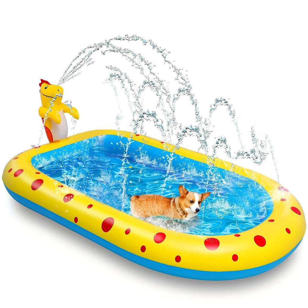 Blue dinosaur water spray pool for kids outdoor play measuring 170cm
