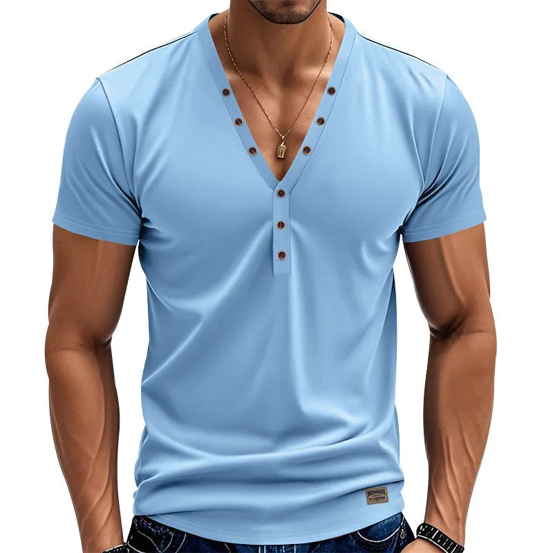Men's loose fit V-neck pullover with button design in polyester blend fabric for sports
