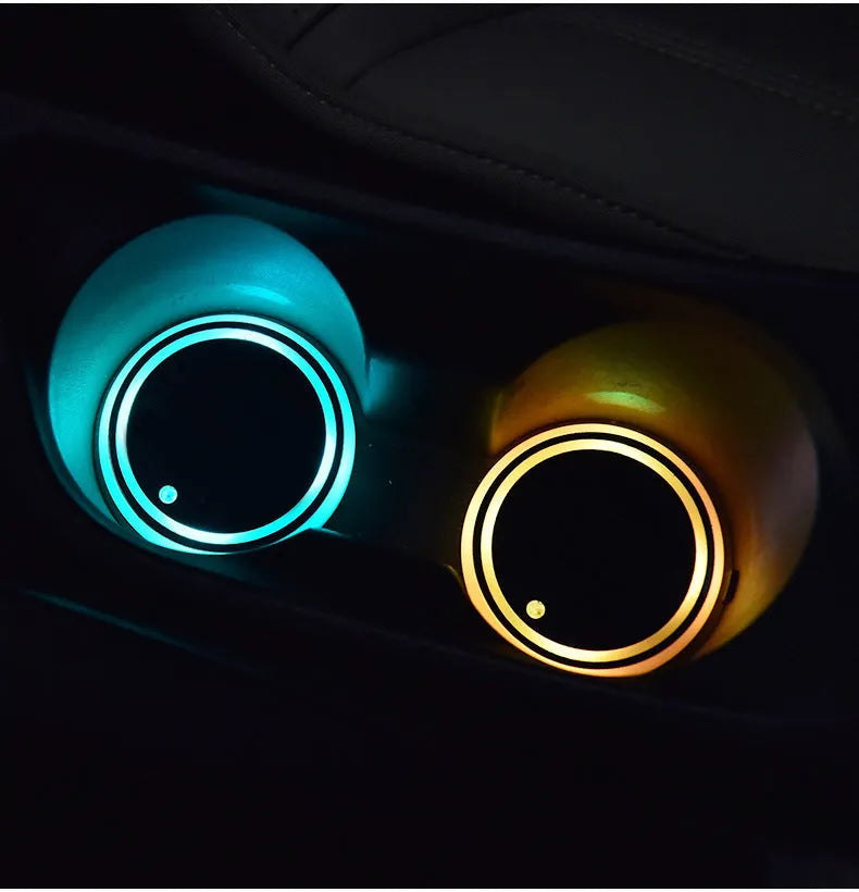 LED light-up car cup holder coaster showing seven colour options with solar panel and USB charging