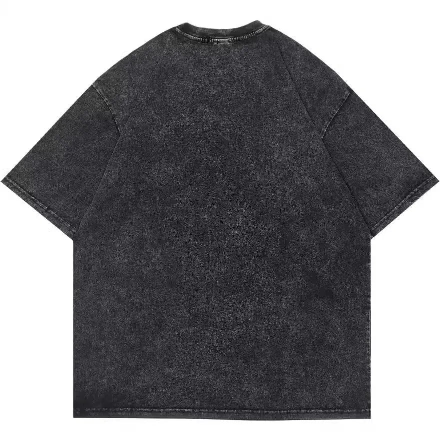Men's black cotton T-shirt with cartoon print, loose street style short sleeve design