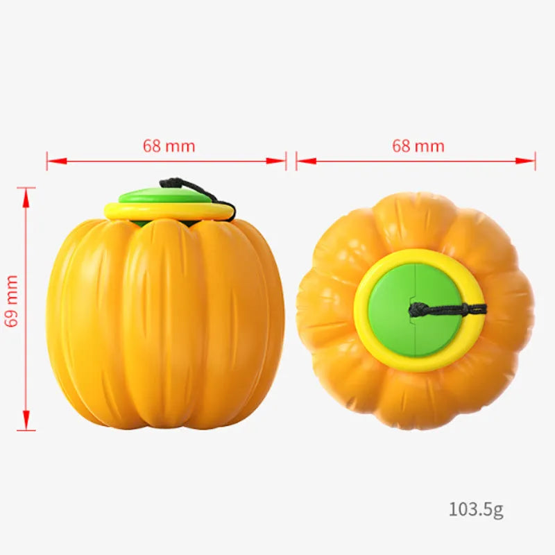 Green, orange, and yellow Halloween pumpkin-shaped dog ball toy with squeaker for small dogs.