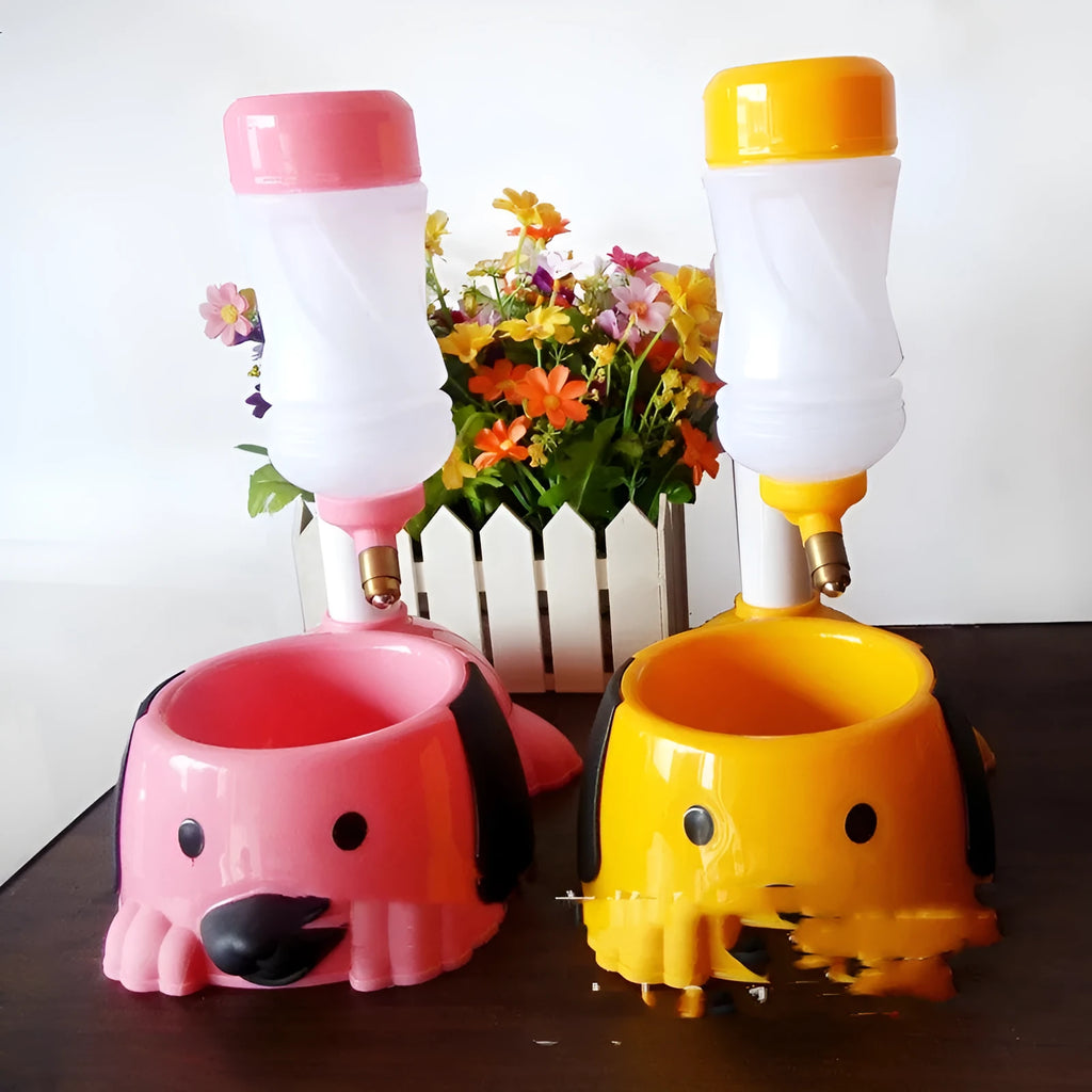 Adjustable pet drinking bowl with rod lift mechanism in blue, pink or yellow colour