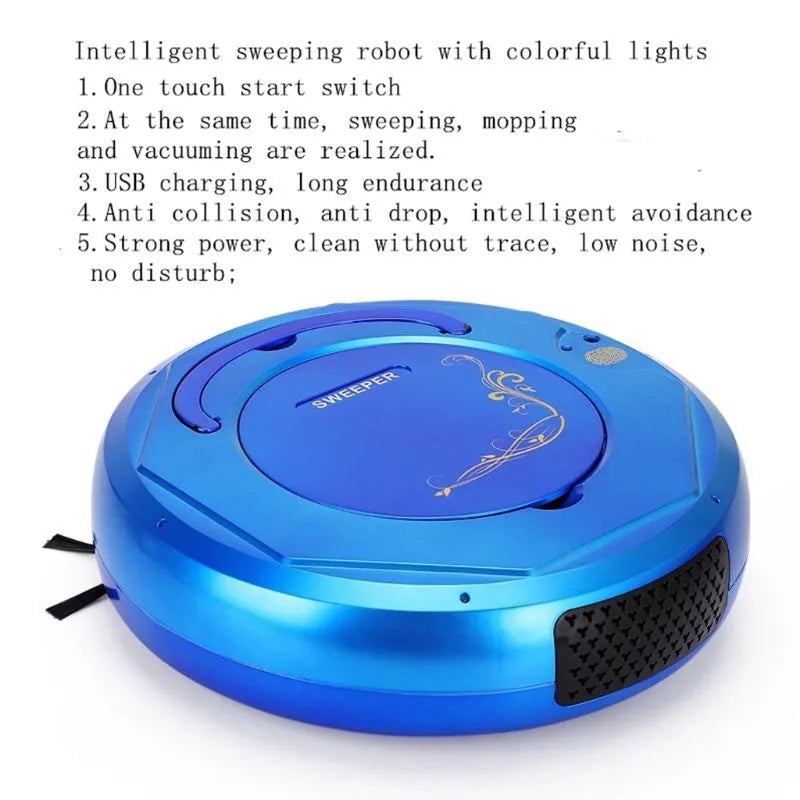 Blue Lazy Smart floor sweeping robot vacuum cleaner on a wooden floor