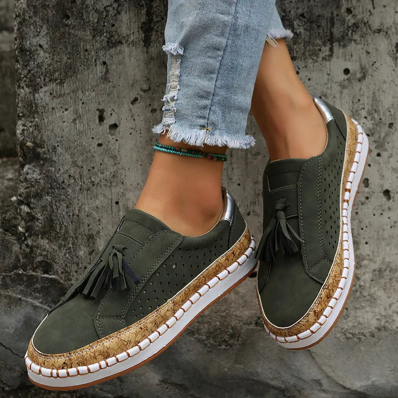Women's casual tassel loafers with low heel, patent leather finish, round toe, and slip-on style in multiple colours