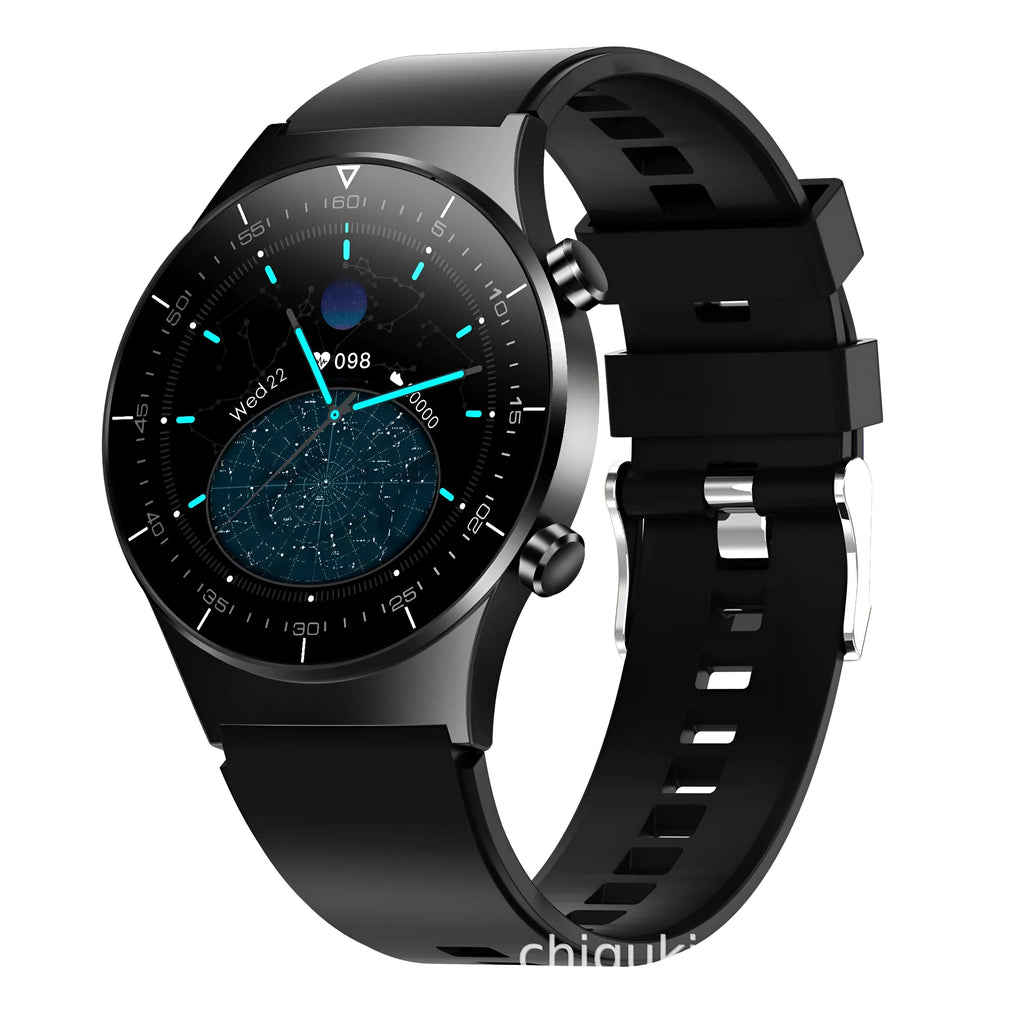 Black smart watch with heart rate monitoring on TPU wristband showing 1.28-inch touch screen display