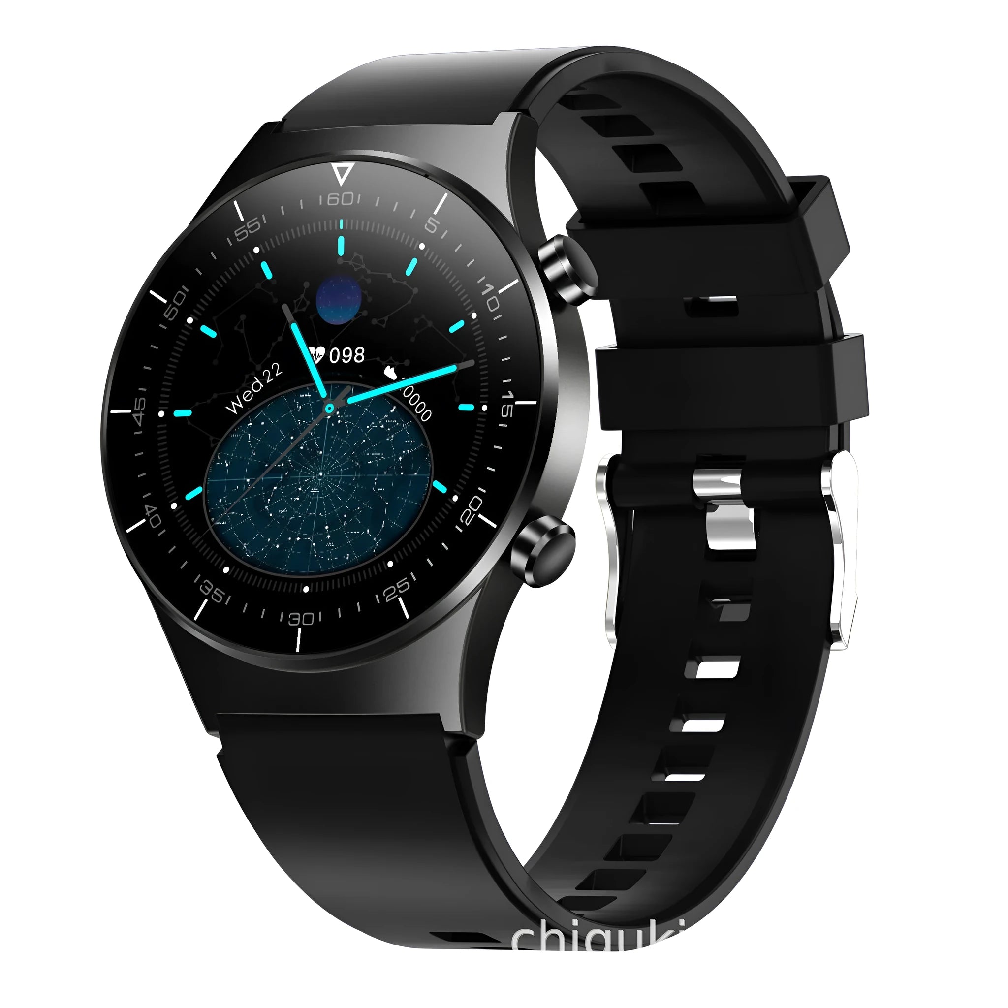 Black smart watch with heart rate monitoring on TPU wristband showing 1.28-inch touch screen display