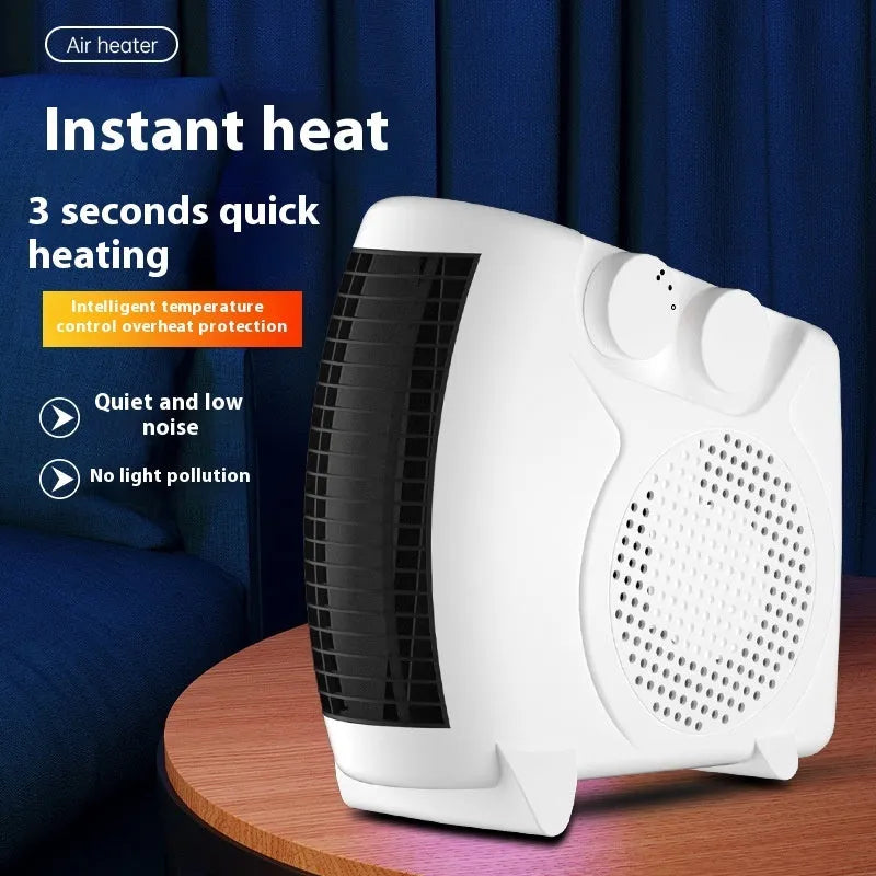 Small white electric heater with compact dimensions for desktop or home office heating