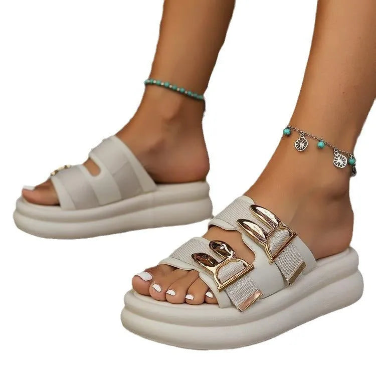 Women's suede slippers with thick soft rubber soles in apricot colour