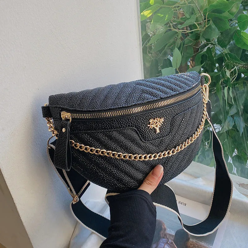 Women's one-shoulder chain crossbody bag in black, PU leather, with sandwich pocket and zipper change bag