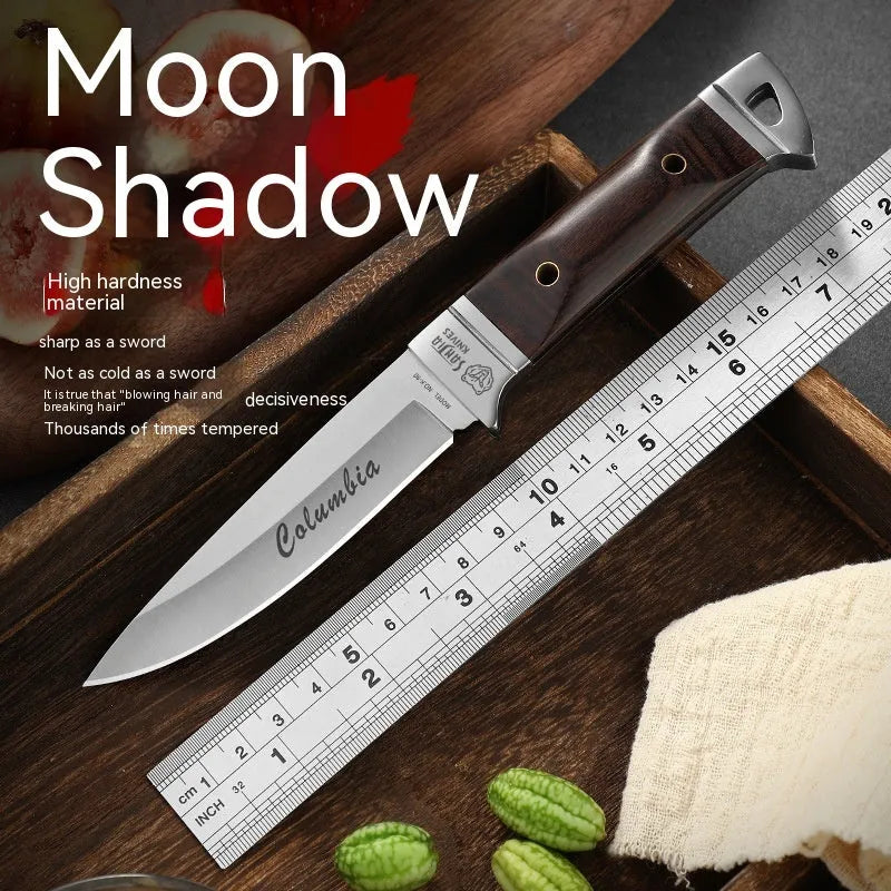 Stainless steel camping fruit knife with brown leather protective case