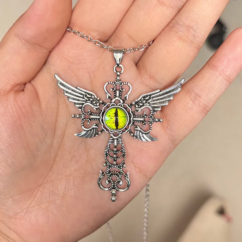 Creative devil wings and cross design alloy pendant necklace on a chain, shown in multiple colour options.