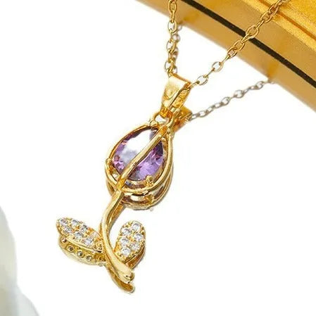 Zircon tulip necklace for women with gold electroplated pendant on titanium steel chain in five colour options