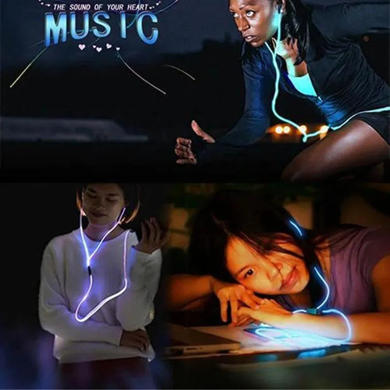 Blue light-up LED earphones with remote microphone and 3.5mm plug, compatible with iPhone.