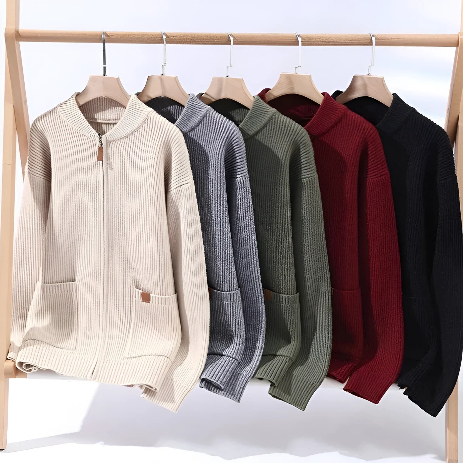 Men's straight-cut striped cardigan jacket in a chemical fibre blend, shown in one of five available colours.
