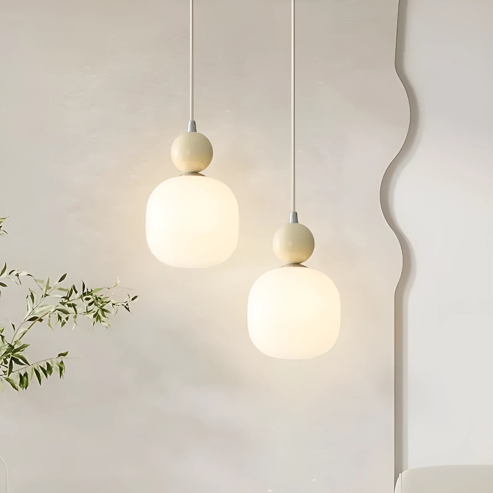 Cream-coloured minimalist wrought iron LED pendant lamp for bedside or study with warm light option