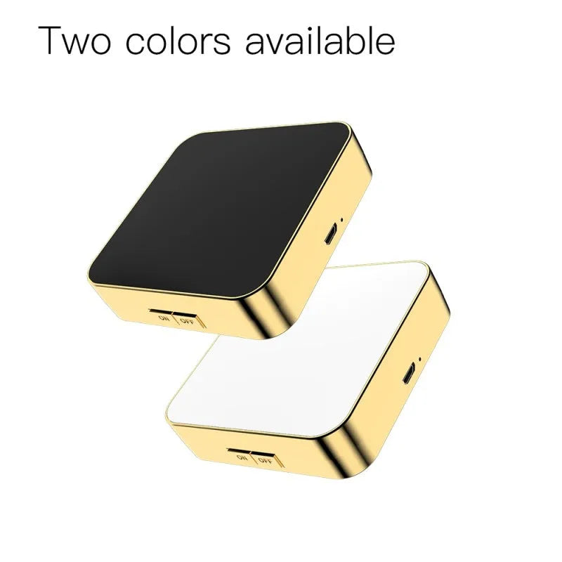 Two-sided makeup mirror with magnification and adjustable lighting in black or white