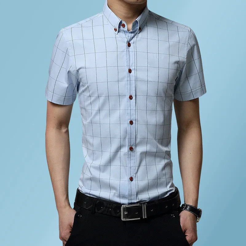 Men's casual short sleeve plaid shirt in red, slim fit cardigan style, cotton polyester blend