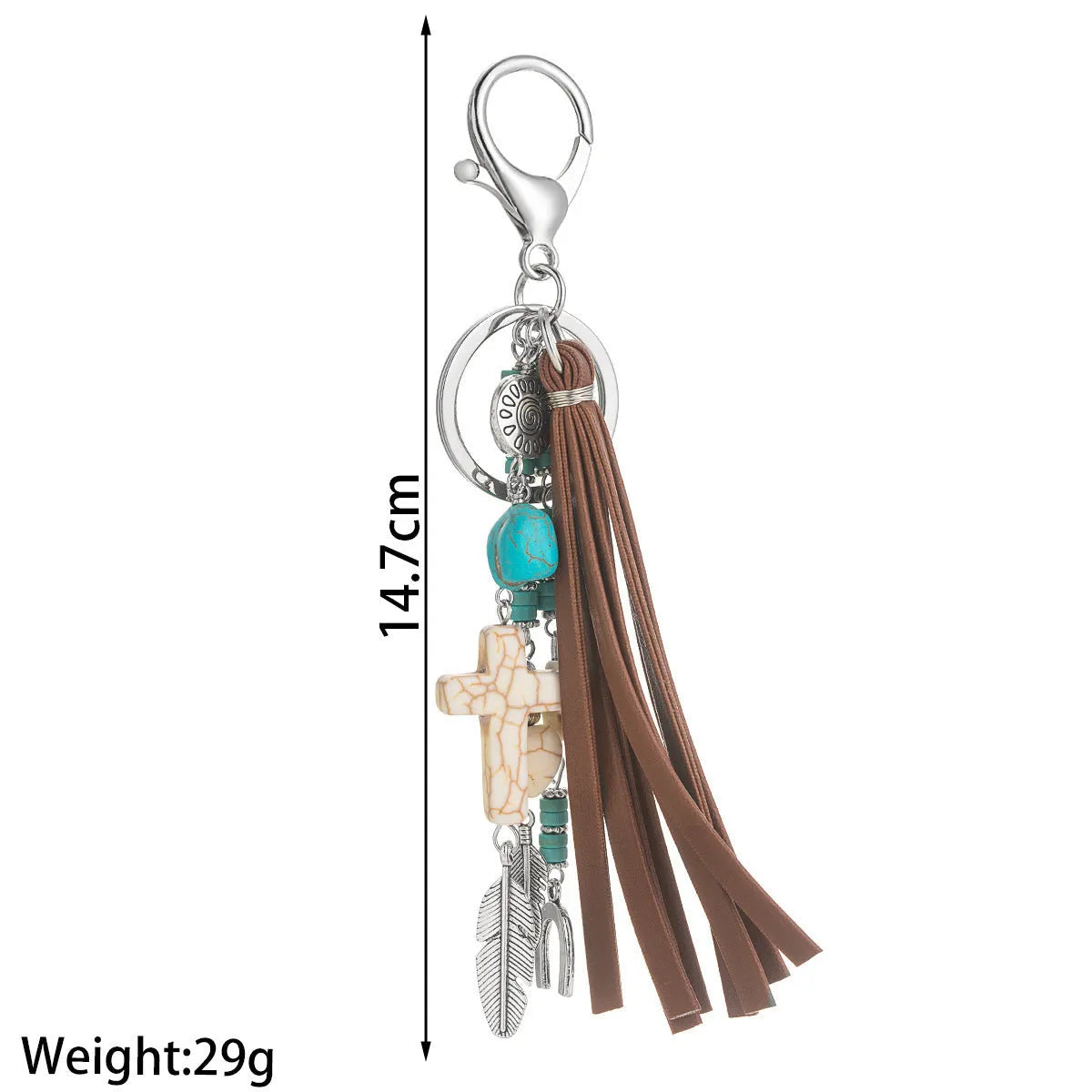 Cross alloy leather tassel pendant keychain in retro style, colour XY-3669, on a neutral background