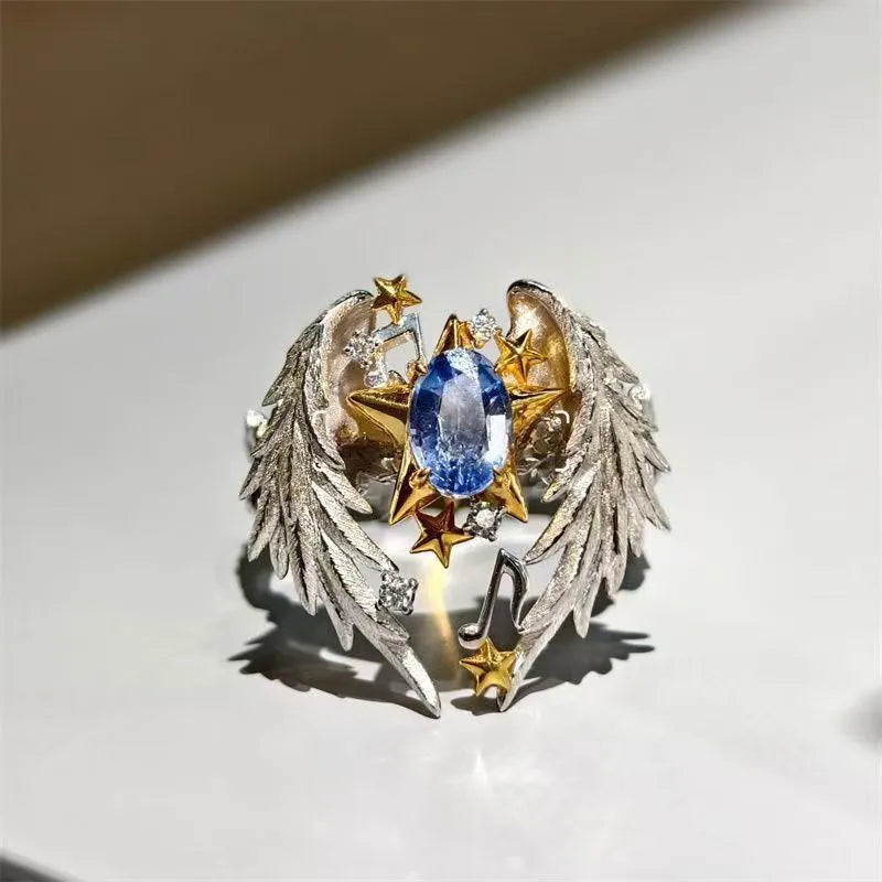 Angel Wings adjustable open mouth alloy ring with geometric design and oiling treatment finish
