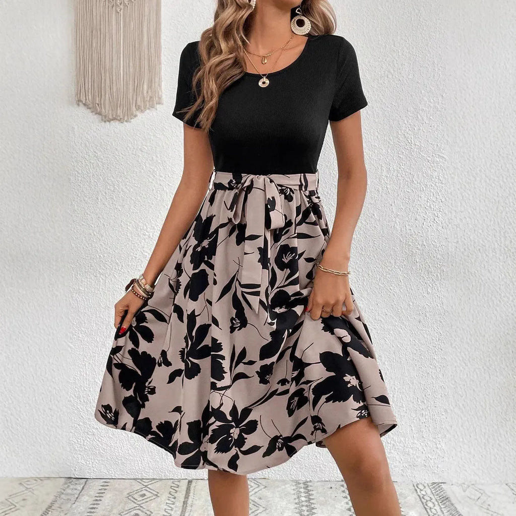 Women's floral print A-line dress with lace-up detail and regular sleeves in khaki colour