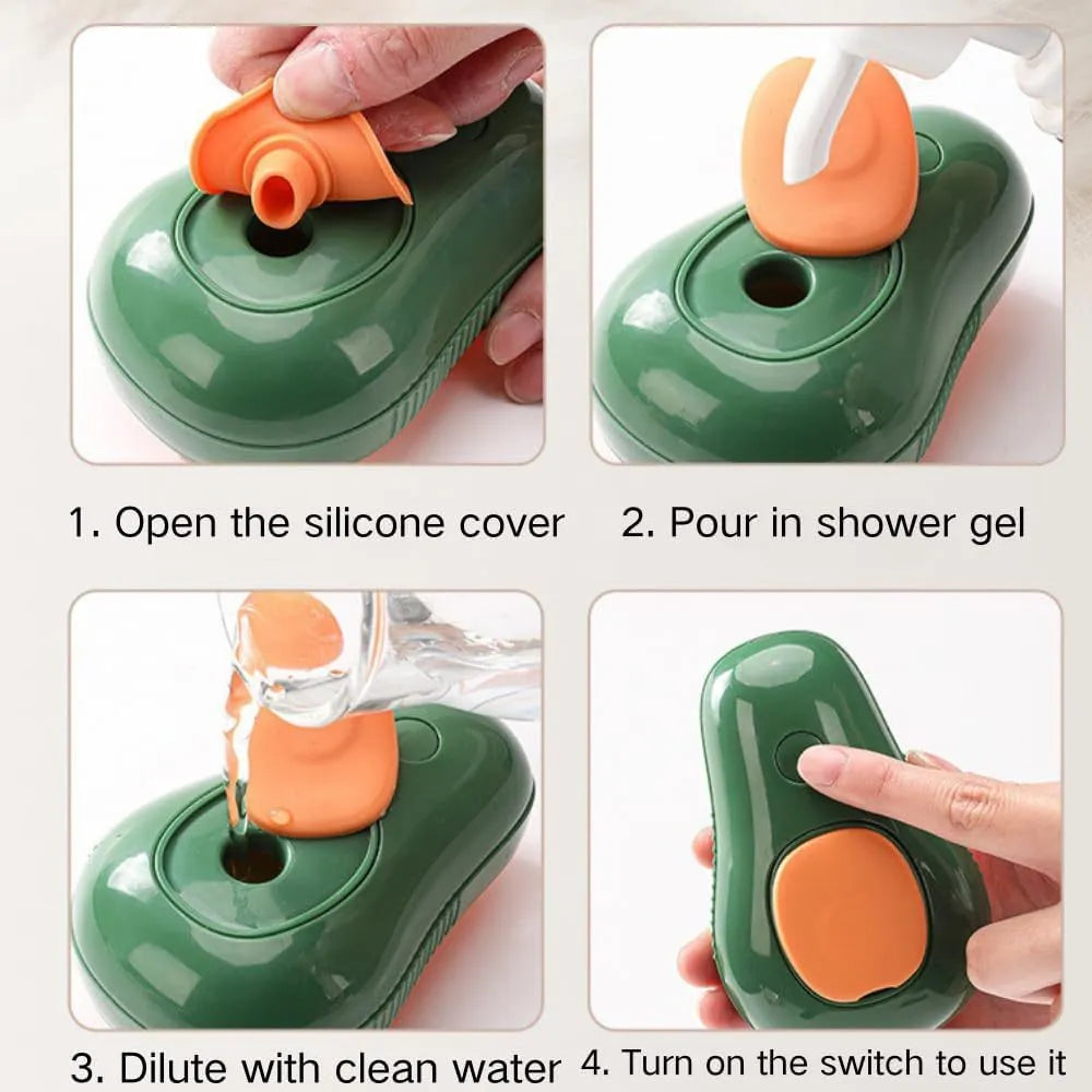 Green and white rechargeable cat steam brush comb with silicone bristles and water spray.