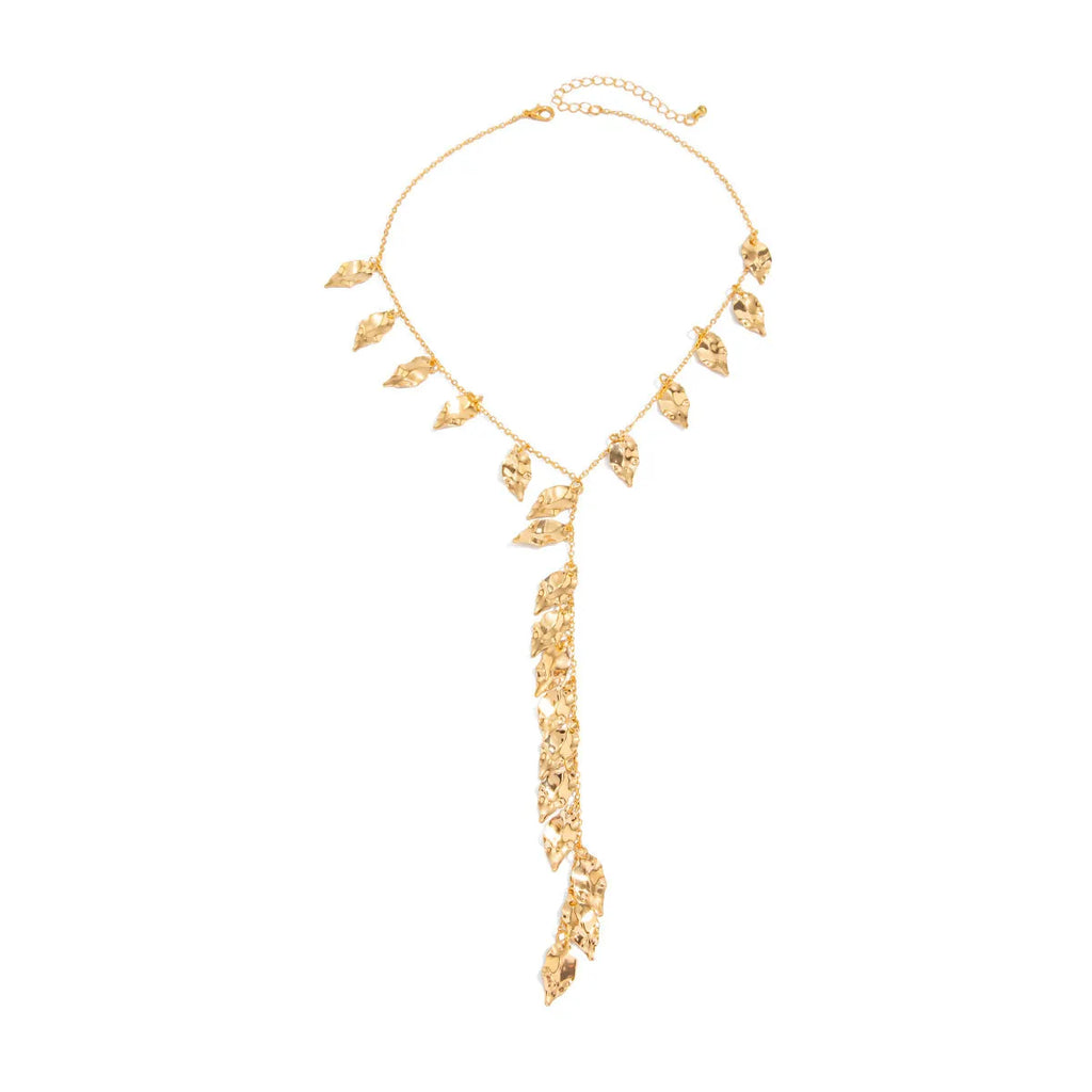 Y-shaped leaf fringe pendant necklace gold tone on white background, copper chain, iron leaf pendant