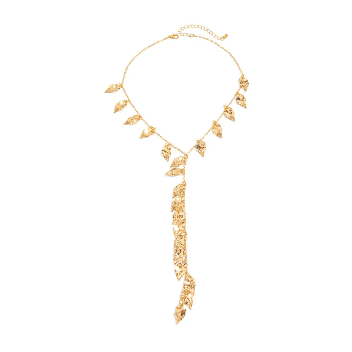 Y-shaped leaf fringe pendant necklace gold tone on white background, copper chain, iron leaf pendant