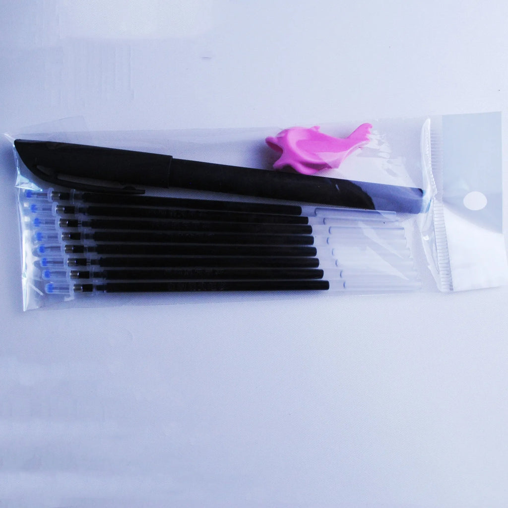 Blue fading ink pen set with 0.5mm tip, eight refills, and plastic pen body measuring 130mm