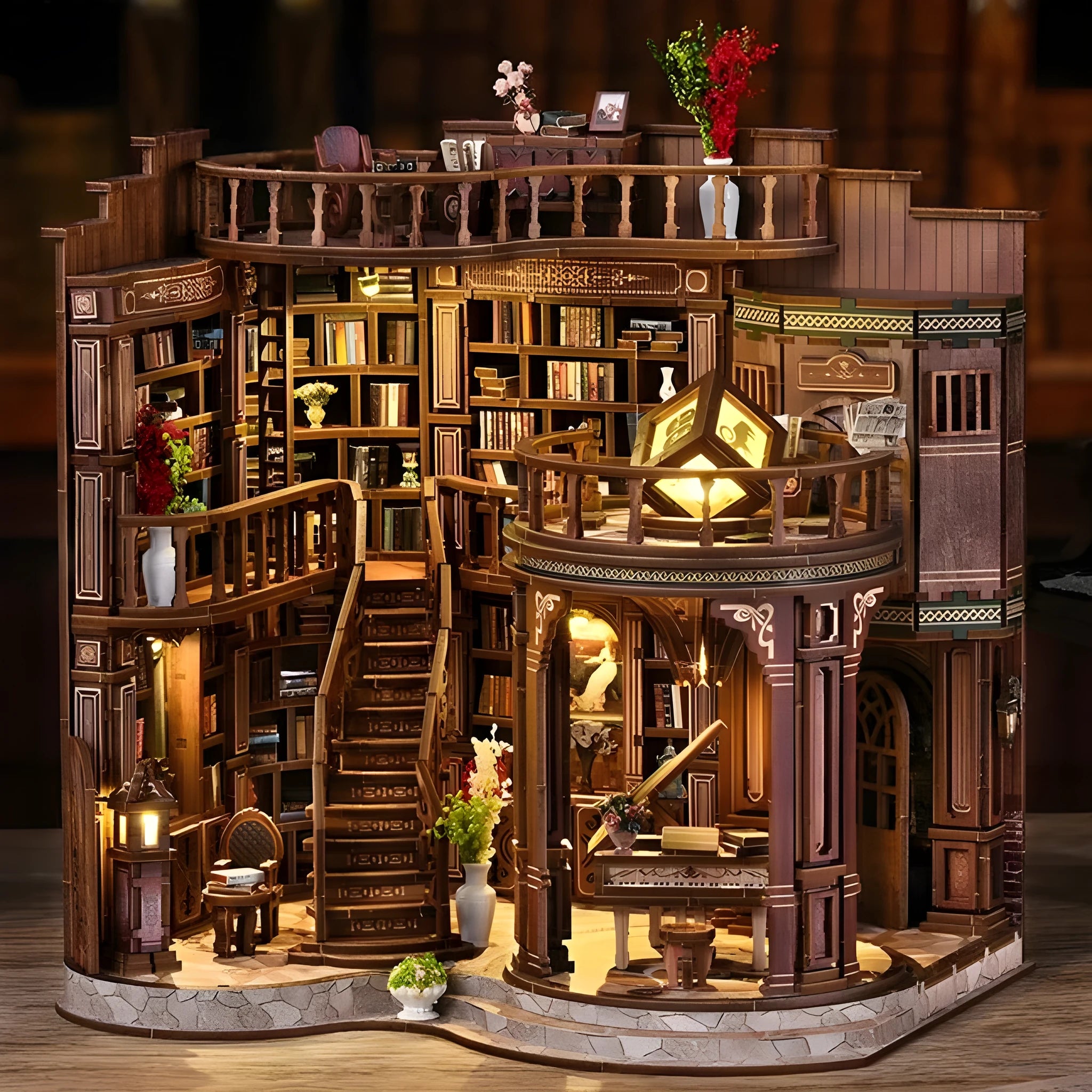 DIY wooden European architecture model of Sweet Dreams Book Hall with lamp line and matte rod