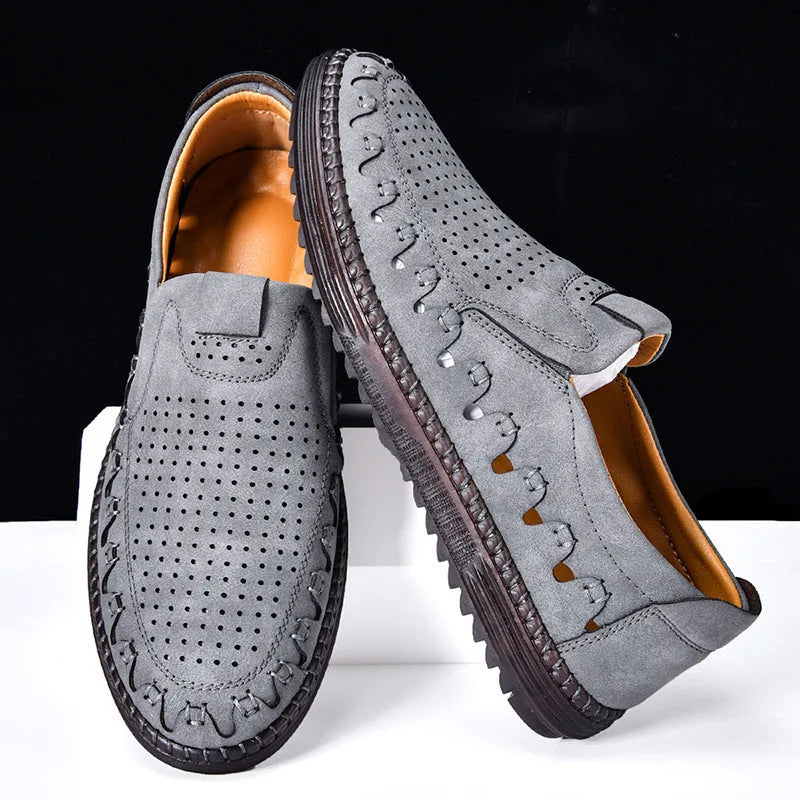 Men's brown slip-on casual shoes with round toe, low-top design, and visible sewn sole