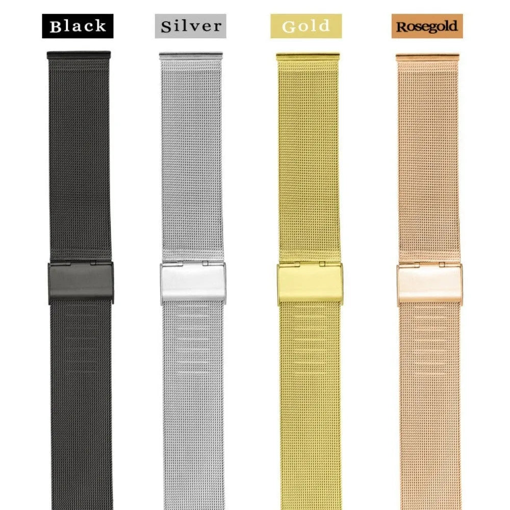 Milani woven stainless steel and silk watch band in silver, black, rose gold, or gold, showing texture.
