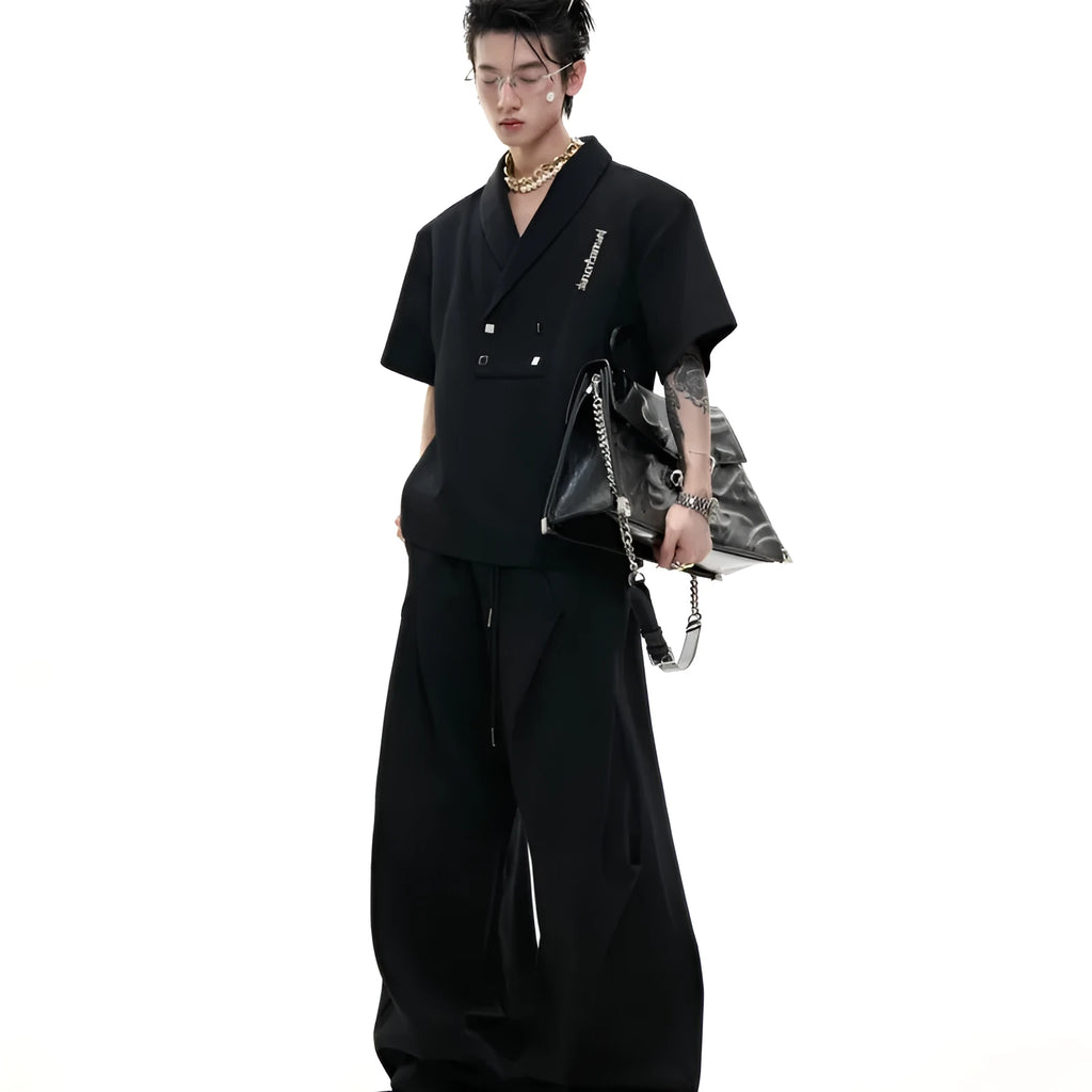 Men's dark gray cotton sports suit with metal embellished padded shoulders and V-neck short sleeve jacket with matching shorts