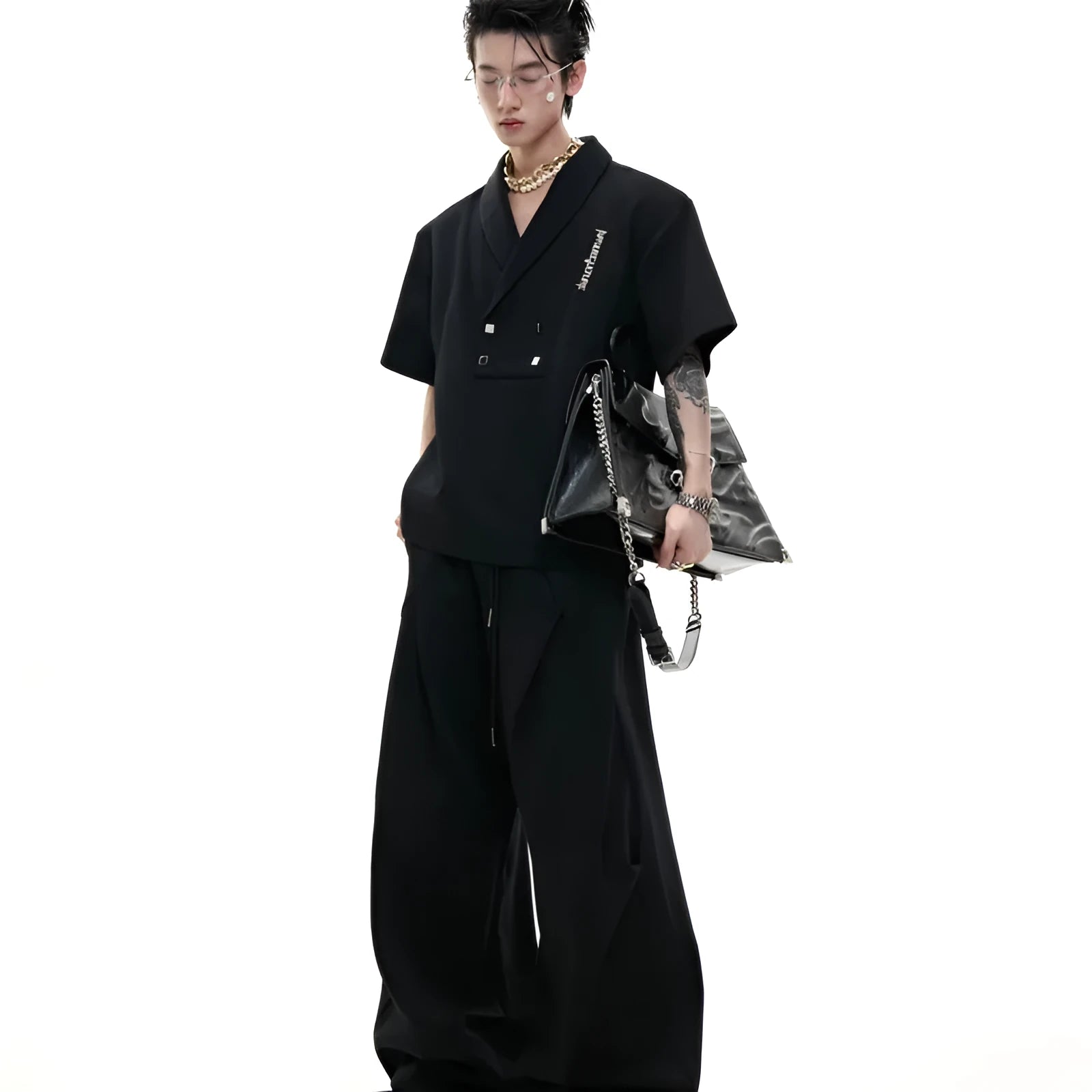 Men's dark gray cotton sports suit with metal embellished padded shoulders and V-neck short sleeve jacket with matching shorts
