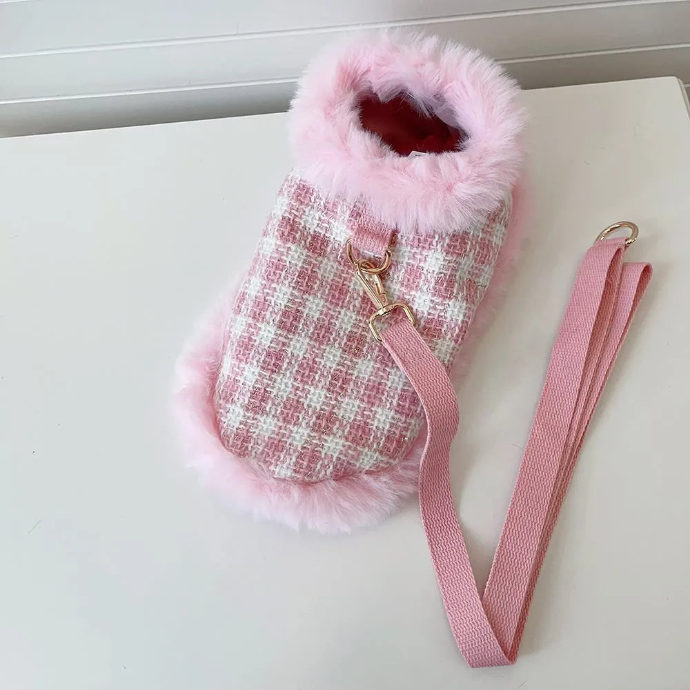 Pink cat clothing set with beret, cloak, and hand-holding rope accessory for female cats