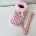 Pink cat clothing set with beret, cloak, and hand-holding rope accessory for female cats