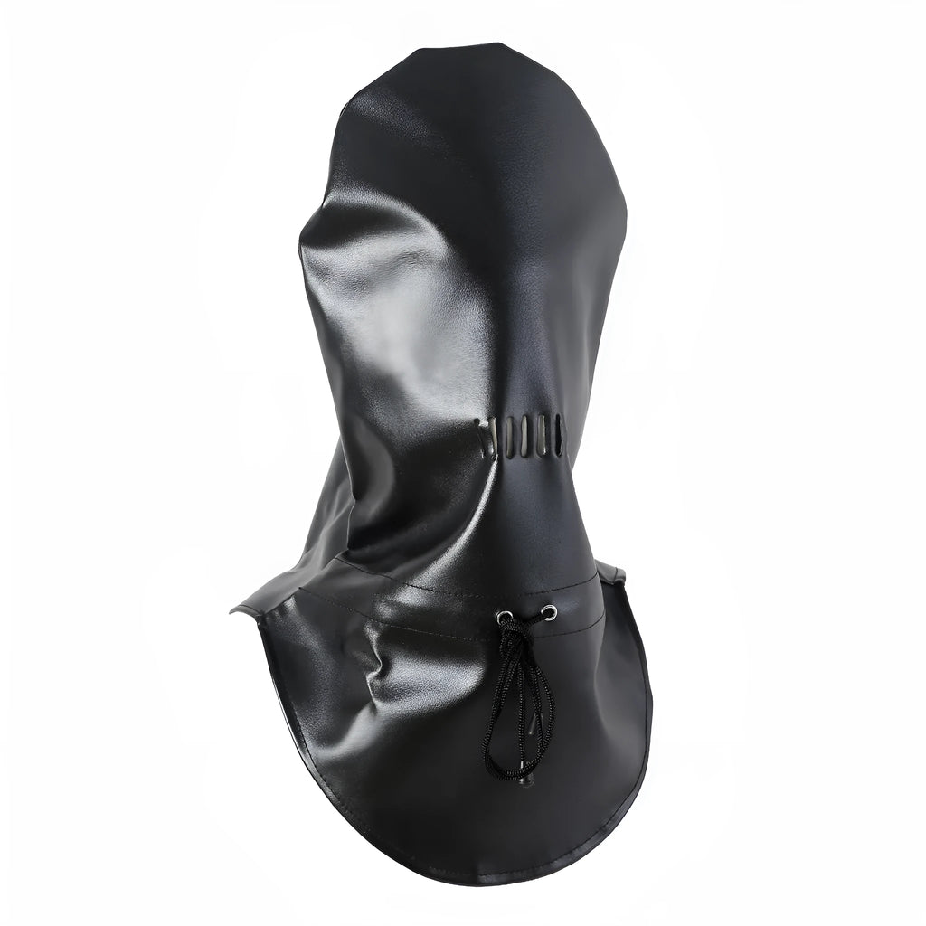 Black leather adult training mask headgear prop on a plain background